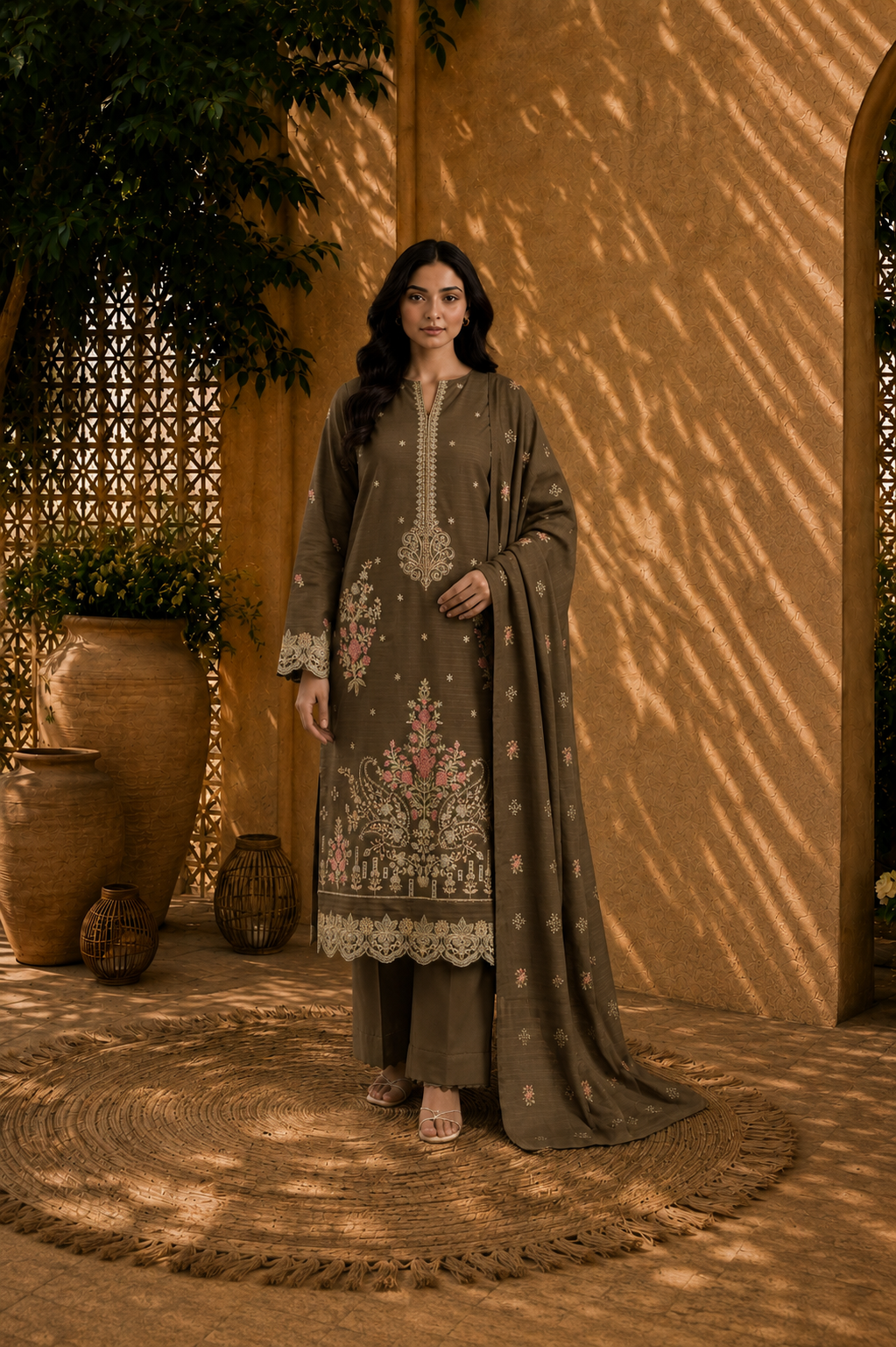 sunlit courtyard in embroidered browns